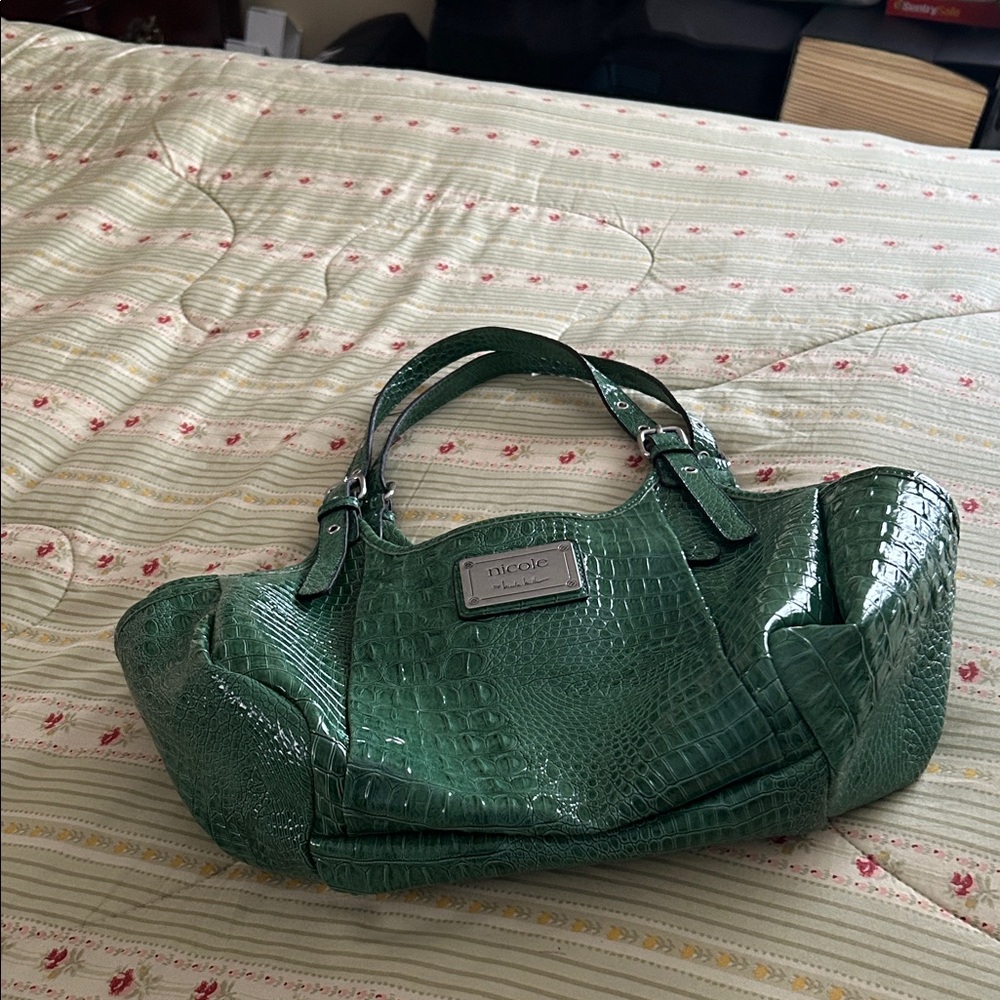 Nicole Miller Croc-Embossed Green Shoulder Bag